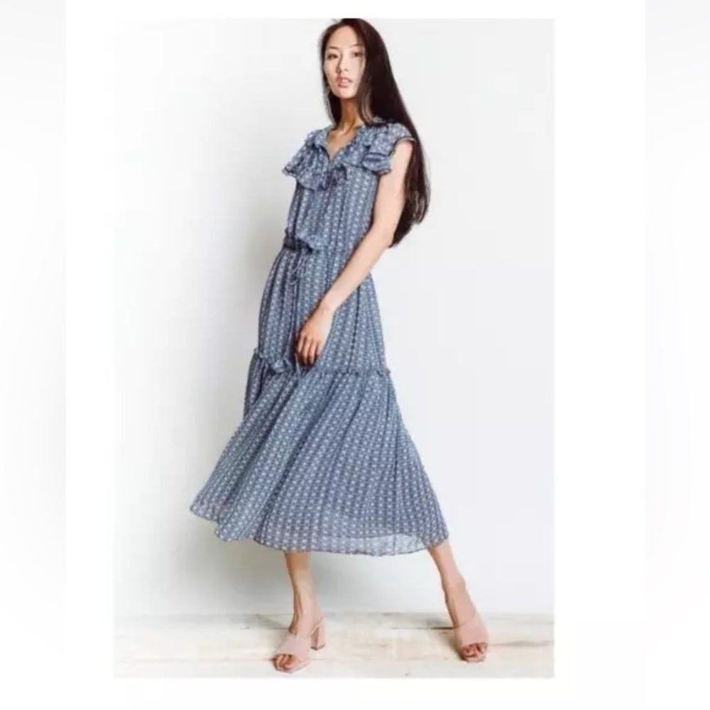 MISA Los Angeles Melissa Dress Blue Geometric Printed Chiffon Ruffled